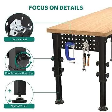YITAHOME Work Bench 48" L X 20" W Adjustable Workbench for Garage W/Pegboard & Power Outlets Hardwood Top Heavy-Duty Workstation, 2000 LBS Load Capacity for Workshop, Office, Home Outdoor