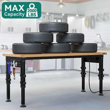 YITAHOME Work Bench 48" L X 20" W Adjustable Workbench for Garage W/Pegboard & Power Outlets Hardwood Top Heavy-Duty Workstation, 2000 LBS Load Capacity for Workshop, Office, Home Outdoor