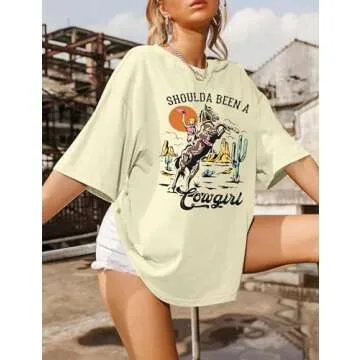 Womens Cowgirl Shirt Oversized Western T-Shirt Country Music Tshirt Vintage Cowgirl Graphic Short Sl...