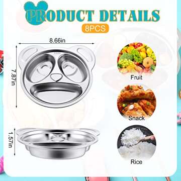 Lounsweer Set of 8 304 Stainless Steel Kids Plates 3 Sections Unbreakable Metal Cute Panda Shape Com...