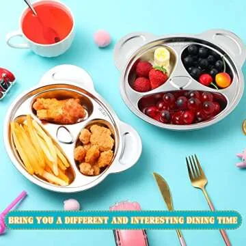 Lounsweer Set of 8 304 Stainless Steel Kids Plates 3 Sections Unbreakable Metal Cute Panda Shape Compartment Plates for Toddler Picky Eaters, Lunch, Camping