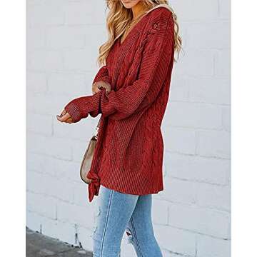 YeMgSiP Womens Plus Size Cable Knit Pullover Sweaters Oversized Chunky V Neck Long Sleeve Ribbons Up Side Jumper Tops