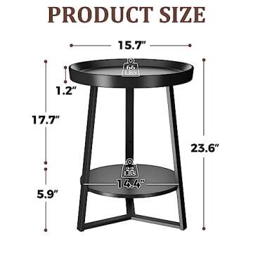 Gadroad Round End Table with Storage Shelf, 2 Tier Farmhouse Side Table Nightstand for Living Room, Bedroom, Wood Tabletop & Black Metal Frame, Black 15.7 * 15.7 * 23.6inches