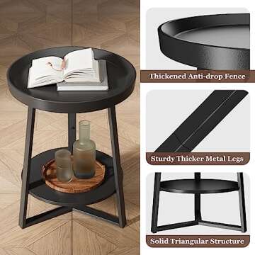 Gadroad Round End Table with Storage Shelf, 2 Tier Farmhouse Side Table Nightstand for Living Room, Bedroom, Wood Tabletop & Black Metal Frame, Black 15.7 * 15.7 * 23.6inches