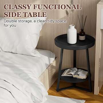 Gadroad Round End Table with Storage Shelf, 2 Tier Farmhouse Side Table Nightstand for Living Room, Bedroom, Wood Tabletop & Black Metal Frame, Black 15.7 * 15.7 * 23.6inches
