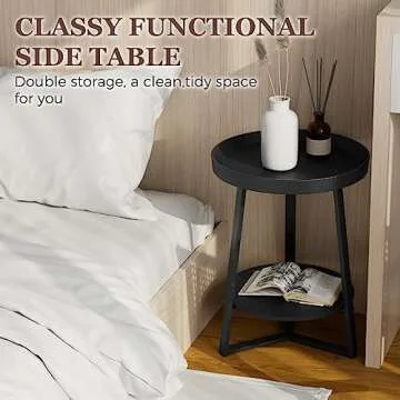 Gadroad Round End Table with Storage Shelf, 2 Tier Farmhouse Side Table Nightstand for Living Room, Bedroom, Wood Tabletop & Black Metal Frame, Black 15.7 * 15.7 * 23.6inches