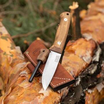 BPS Knives Bushmate 2.0 Designed by DBK - Bushcraft Knife - Fixed-Blade Carbon Steel Knife with Leather Sheath & Firestarter - Outdoor Full Tang Knife - Camping Survival Knives