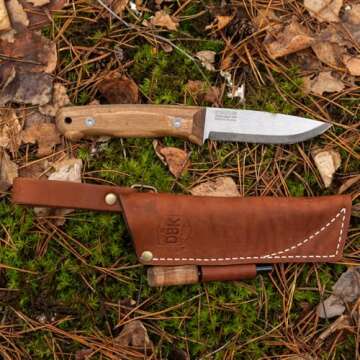 BPS Knives Bushmate 2.0 Designed by DBK - Bushcraft Knife - Fixed-Blade Carbon Steel Knife with Leather Sheath & Firestarter - Outdoor Full Tang Knife - Camping Survival Knives