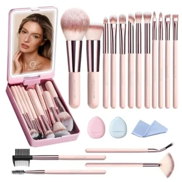 20PC Travel Makeup Brush Set with Case & LED Mirror - Pink