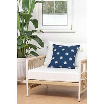 Hofdeco Premium Coastal Hampton Style Patio Indoor Outdoor Throw Pillow Cover Only, 18"x18" Water Resistant for Backyard, Couch, Navy Blue Embroidered Palm Leaf Tassel