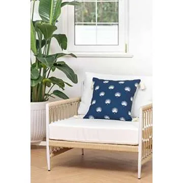 Hofdeco Premium Coastal Hampton Style Patio Indoor Outdoor Throw Pillow Cover Only, 18"x18" Water Resistant for Backyard, Couch, Navy Blue Embroidered Palm Leaf Tassel