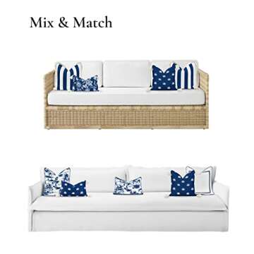 Hofdeco Premium Coastal Hampton Style Patio Indoor Outdoor Throw Pillow Cover Only, 18"x18" Water Resistant for Backyard, Couch, Navy Blue Embroidered Palm Leaf Tassel