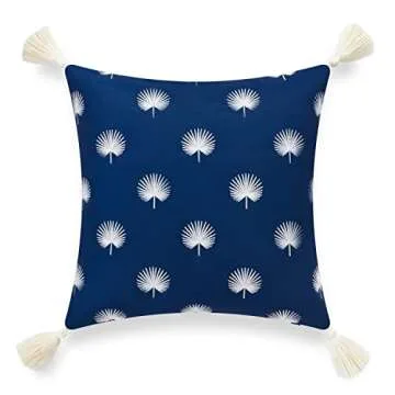Hofdeco Premium Coastal Hampton Style Patio Indoor Outdoor Throw Pillow Cover Only, 18"x18" Water Resistant for Backyard, Couch, Navy Blue Embroidered Palm Leaf Tassel