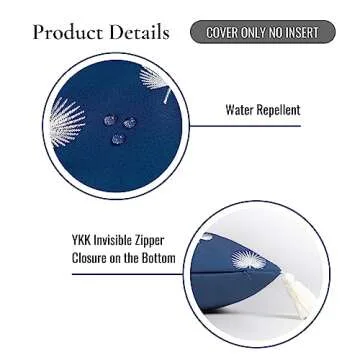 Hofdeco Premium Coastal Hampton Style Patio Indoor Outdoor Throw Pillow Cover Only, 18"x18" Water Resistant for Backyard, Couch, Navy Blue Embroidered Palm Leaf Tassel