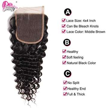 Beauty Forever Virgin Brazilian Hair Deep Wave 4x4 Lace Closure 10 Inch Free Part Closure, Natural Color