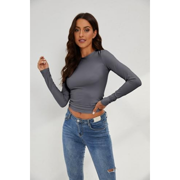 KAMISSY Women's Workout Long Sleeve Yoga Tee Grey