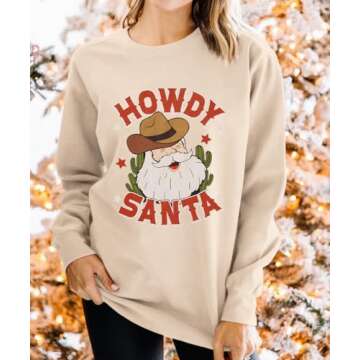 CM C&M WODRO Women Christmas Sweatshirt Western Cowboy Retro Howdy Santa Sweater Shirt Xmas Crewneck Holiday Pullover Tops(Apricot,XXLarge)