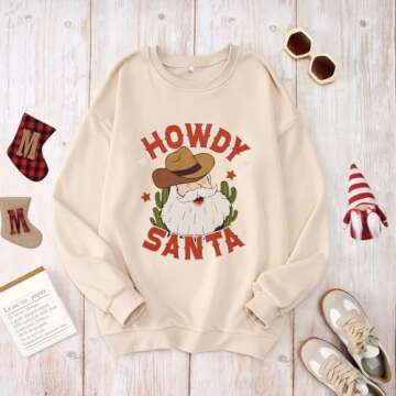 CM C&M WODRO Women Christmas Sweatshirt Western Cowboy Retro Howdy Santa Sweater Shirt Xmas Crewneck Holiday Pullover Tops(Apricot,XXLarge)