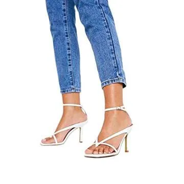 VETASTE Women's Strappy Kitten Heel Sandals Square Toe Stiletto Heels Ankle Strap Party Dress Shoes