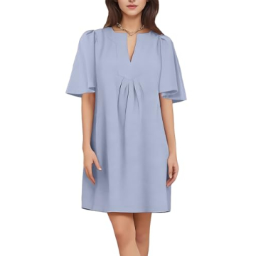 ROYLAMP Women's Elegant Pleated Dress V-Neck Oversized Flutter Sleeves Summer Shift Casual Mini Dres...