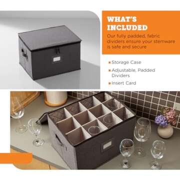 storageLAB Wine Glass Storage Containers, Hard Shell Organizer for Stemware and Glassware Sets, Stackable Wine Glass Storage Box with Dividers for Kitchen and Moving Supplies - 1 Pack, Gray