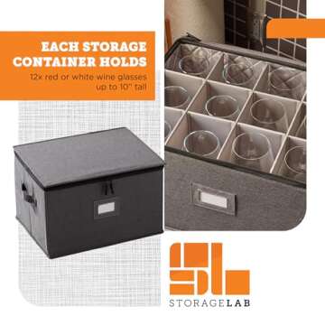storageLAB Wine Glass Storage Containers, Hard Shell Organizer for Stemware and Glassware Sets, Stackable Wine Glass Storage Box with Dividers for Kitchen and Moving Supplies - 1 Pack, Gray