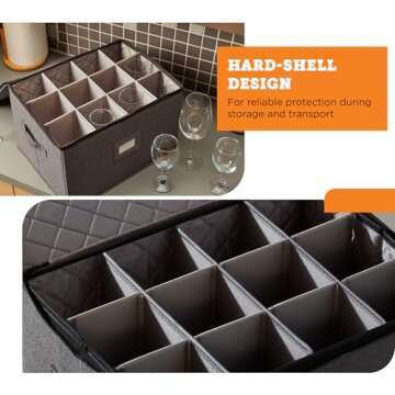 storageLAB Wine Glass Storage Containers, Hard Shell Organizer for Stemware and Glassware Sets, Stackable Wine Glass Storage Box with Dividers for Kitchen and Moving Supplies - 1 Pack, Gray