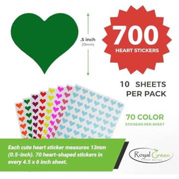 Royal Green 10 Color Decorative Heart Stickers - Scrapbooking Stickers, Packaging Stickers, Arts & Crafts Sticker Labels for Scrapbooks & More - 0.5 inch, 700-Pack