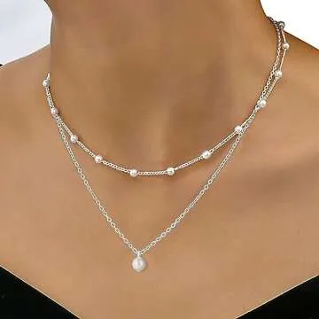 Silver Pearl Necklace for Women, Silver Plated Dainty Layered Single Pearl Necklace Simple Pearl Choker Chain Necklace Silver Layered Necklaces for Women Trendy Jewelry Gifts