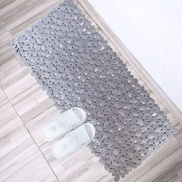 SONGZIMING Pebble Bath Mat 35x16 Inches for Bathtub to Non Slip in Shower with Drain Holes, Suction Cups (Grey)