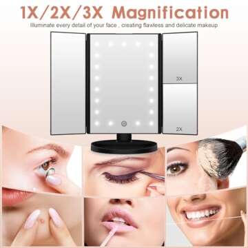 WEILY Lighted Vanity Makeup Mirror 1x/2x/3x Magnification Trifold with 21 LED Lights Touch Screen and USB Charging, 180 Degree Adjustable Stand for Countertop Cosmetic Makeup Mirror(Black)