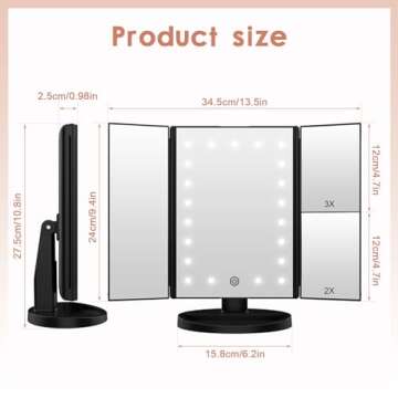 WEILY Lighted Vanity Makeup Mirror 1x/2x/3x Magnification Trifold with 21 LED Lights Touch Screen and USB Charging, 180 Degree Adjustable Stand for Countertop Cosmetic Makeup Mirror(Black)