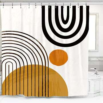 KOMLLEX Boho Shower Curtain 60Wx72H Inch Modern Neutral Shower Curtain Abstract Mid Century Geometric Cute Sun Minimalist Aesthetic Semicircle Bath Accessories Fabric Polyester 12 Pack Hooks