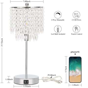 Boncoo Crystal Table Lamp Set of 2 Touch Control, Crystal Lamps with USB Ports Elegant Shade Bedside...