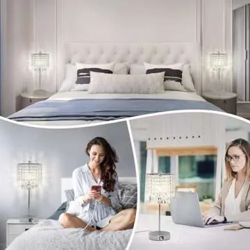Boncoo Crystal Table Lamp Set of 2 Touch Control, Crystal Lamps with USB Ports Elegant Shade Bedside Lamp Silver, Dimmable Touch Table Lamp for Nightstand Bedroom Living Room, 4W LED Bulb Included