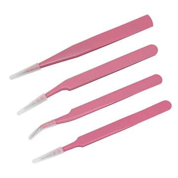 EAONE 4 Pieces Eyelash Extension Tweezers, Stainless Steel Lash Tweezers Straight and Curved Tip Professional Tools Set Tweezers Nipper for Eyelash Extensions with 1 Flannel Bag- Pink