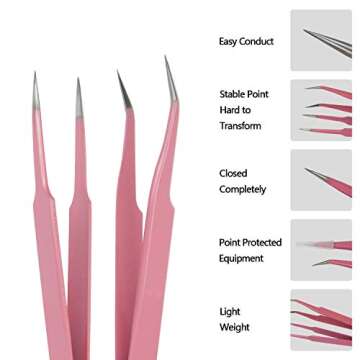 EAONE 4 Pieces Eyelash Extension Tweezers, Stainless Steel Lash Tweezers Straight and Curved Tip Professional Tools Set Tweezers Nipper for Eyelash Extensions with 1 Flannel Bag- Pink