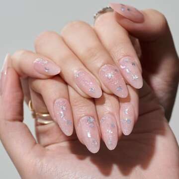 GLAMERMAID Nude Pink Press on Nails Medium Almond, Handmade Glitter Star Jelly Soft Gel Glue on Nails Stiletto, Shrimmer Fake Nails Short Oval, Reusable Acrylic Stick on False Nails Kit for Women