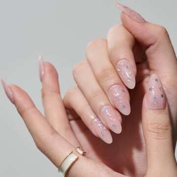 GLAMERMAID Nude Pink Press on Nails Medium Almond, Handmade Glitter Star Jelly Soft Gel Glue on Nails Stiletto, Shrimmer Fake Nails Short Oval, Reusable Acrylic Stick on False Nails Kit for Women