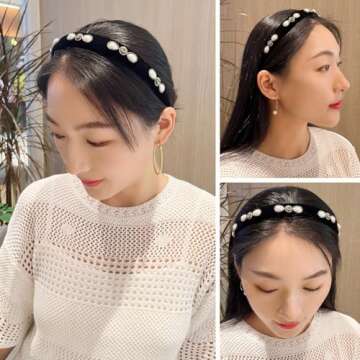 YARN & INK Black Velvet 1 inch Wide Pearls Headbands for Women Girls, Rhinestones Headband Party Hea...