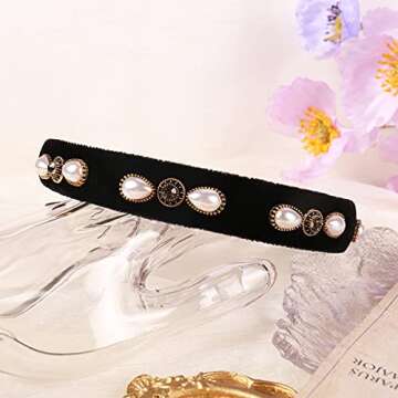 YARN & INK Black Velvet 1 inch Wide Pearls Headbands for Women Girls, Rhinestones Headband Party Headwear Vintage Handmade Hair Accessories (Black velvet)