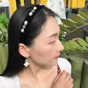 YARN & INK Black Velvet 1 inch Wide Pearls Headbands for Women Girls, Rhinestones Headband Party Headwear Vintage Handmade Hair Accessories (Black velvet)