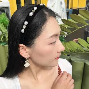 YARN & INK Black Velvet 1 inch Wide Pearls Headbands for Women Girls, Rhinestones Headband Party Headwear Vintage Handmade Hair Accessories (Black velvet)