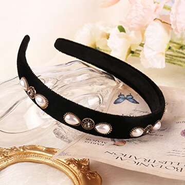 YARN & INK Black Velvet 1 inch Wide Pearls Headbands for Women Girls, Rhinestones Headband Party Headwear Vintage Handmade Hair Accessories (Black velvet)