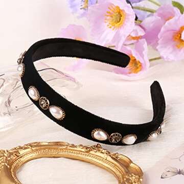 YARN & INK Black Velvet 1 inch Wide Pearls Headbands for Women Girls, Rhinestones Headband Party Headwear Vintage Handmade Hair Accessories (Black velvet)