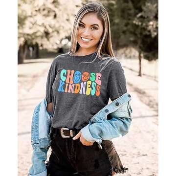 Kind Shirt Women Kindness Teacher T Shirt Back to School Shirts Cute Graphic Blessed Shirt Short Sleeve Tee Tops Dark Grey