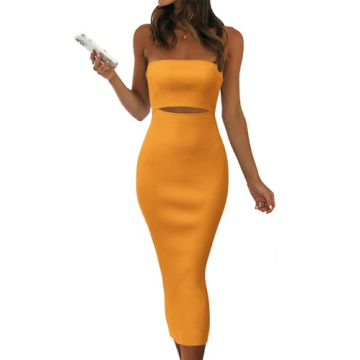 PRETTYGARDEN Women's Sexy Midi Bodycon Dress Summer Y2K Strapless Cutout Tube Pencil Dresses (Solid Orange Yellow,Large)
