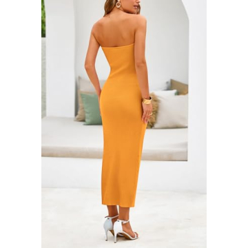 PRETTYGARDEN Women's Sexy Midi Bodycon Dress Summer Y2K Strapless Cutout Tube Pencil Dresses (Solid Orange Yellow,Large)