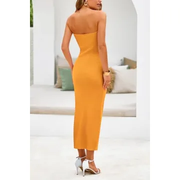 PRETTYGARDEN Women's Sexy Midi Bodycon Dress Summer Y2K Strapless Cutout Tube Pencil Dresses (Solid Orange Yellow,Large)