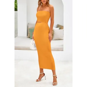 PRETTYGARDEN Women's Sexy Midi Bodycon Dress Summer Y2K Strapless Cutout Tube Pencil Dresses (Solid Orange Yellow,Large)